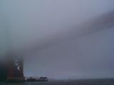 [Fog-shrouded photo of the Golden Gate Bridge]